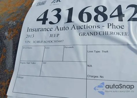 2013 Jeep Grand Cherokee Laredo z USA, uszkodzony, nr VIN 1C4RJFAG9DC505607